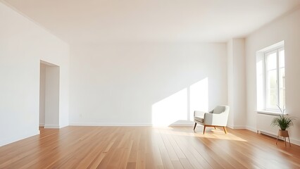 Obraz premium Minimalist living room with clean white walls and warm wood flooring, featuring mid-century modern furniture and soft natural light.
