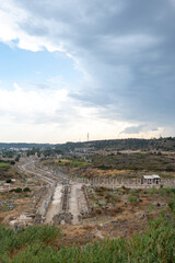 Perge ancient city archaeological site aerial view in Antalya, Turkey