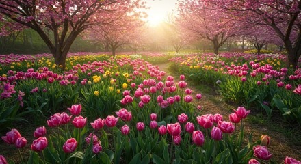 Naklejka premium Vibrant tulip garden with blossoming cherry trees sunlight illuminating the path creating a picturesque spring scene