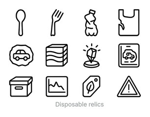 Disposable Relics Icons. Outline icon set of Disposable relics: plastic spoon, broken fork, crushed bottle,
