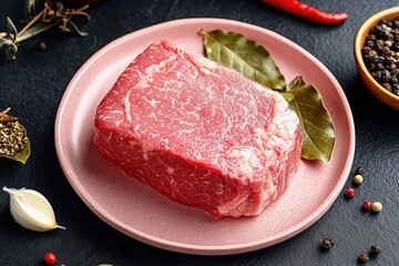 Fototapeta premium Piece raw meat pink plate appears to be Frozen