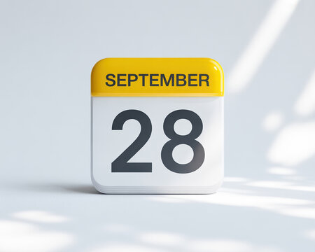 Calendar Icon Displaying September 28th on a White Background with Soft Lighting and Subtle Shadows for Scheduling