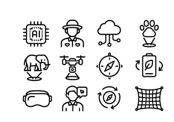Fototapeta premium AI Safari Icon Set. Outline icon set of AI-assisted safaris: glowing AI chip, ranger avatar, data cloud,
