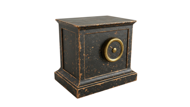 Old vintage safe box with round dial lock, antique security container isolated on white background for history, banking, and collectible design themes.