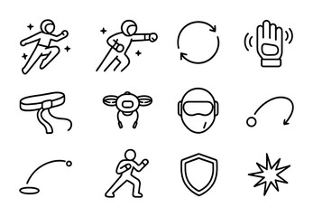 Cosmic Martial Arts Icons. Outline icon set of Cosmic martial arts: floating kick, zero-G punch, rotation