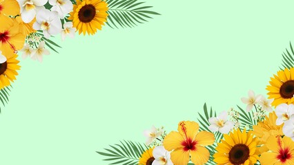 Vibrant floral arrangement with sunflowers and tropical leaves on green background, bright vector border illustration for summer and seasonal decoration