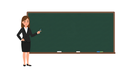 Businesswoman character presenting information on large blackboard, flat cartoon style vector illustration isolated on white for education and corporate training design.