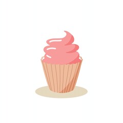 Cupcake with pink icing vector illustration, flat minimalist element.
