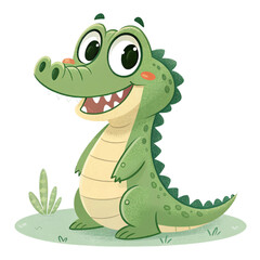 Cute cartoon crocodile with smiling face on transparent background for kids illustrations, educational posters, zoo branding and fun stickers
