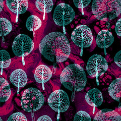 Abstract doodle forest seamless pattern with bright trees silhouettes. Cute design for create textile, wallpaper, apparel, wall panel, poster, baby bedding, organic package.