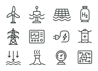 Marine Energy Icon Set. Outline icon set of Marine energy systems: tidal turbine, wave generator, floating