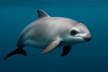Smiling Vaquita (Phocoena sinus), the world's rarest and critically endangered marine mammal, swimming in the blue ocean.