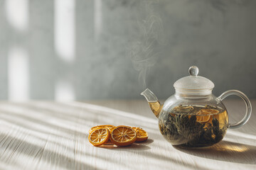 glass teapot with herbal tea and dried orange slices on light surface
