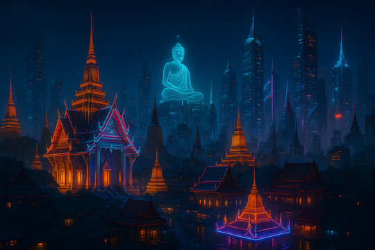 Futuristic Bangkok Skyline with Temples and Neon Skyscrapers