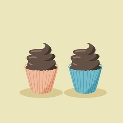 Cupcake with chocolate icing vector illustration, flat minimalist element cupcakes backgroud