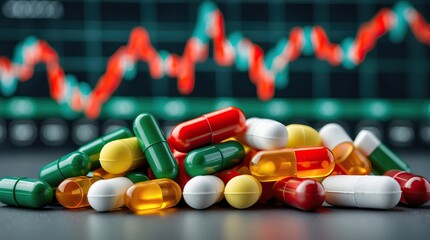 Multicolored Pills with Red Line Graph: Pharmaceuticals and Market Trends