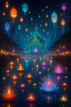 Futuristic Loy Krathong Festival with AI Lanterns and Holograms