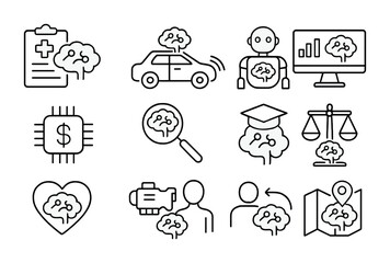 Fototapeta premium Neuro-Symbolic Icon Set. Outline icon set of neuro-symbolic applications: smart healthcare, autonomous cars,