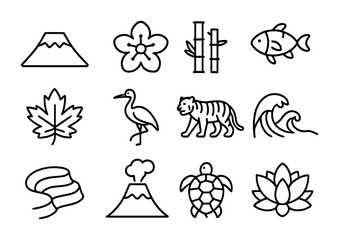 Fototapeta premium Japanese Nature Icons. Outline icon set of Japanese nature: Mount Fuji, cherry blossom, bamboo, koi fish,