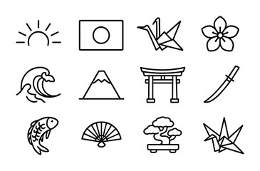 Naklejka premium Japanese Icon Set. Outline icon set of Japanese symbols: rising sun, flag, crane, cherry blossom, wave, Mount