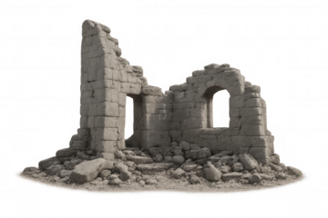 Crumbling stone walls and empty windows define the haunting beauty of ancient ruins, isolated on a transparent background, ready for integration into various projects
