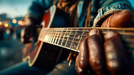 Guitarist hand playing acoustic guitar close up in outdoor evening atmosphere