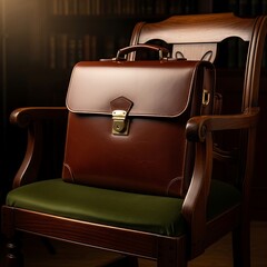 Elegant Leather Briefcase on Wooden Chair - A Timeless Business Accessory.