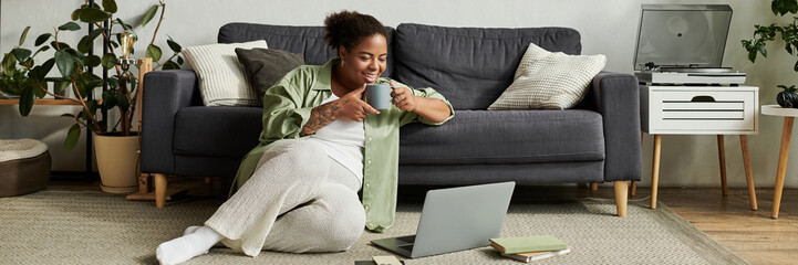 Remote work bliss for an African American woman in her cozy apartment during the day