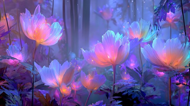 Enchanting ethereal glowing flowers in a mystical dreamlike garden bathed in soft purple and pink light