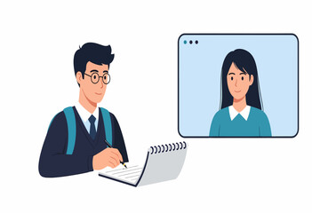 A focused male student with a backpack takes notes during an interactive online video class with a female tutor on a screen