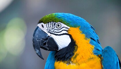 A vibrant blue and gold macaw, captured in a close-up shot against a blurred background, showcasing its colorful plumage, sharp beak, and intelligent eye.