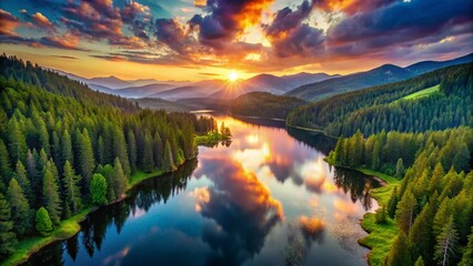 Aerial View of Serene Mountain Lake Reflecting Sky, Spiritual Retreat