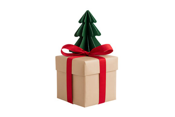 Fototapeta premium A charming Christmas gift elegantly presented with a handcrafted origami tree atop a beautifully wrapped kraft paper box.