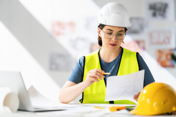 Woman architect is working on plans