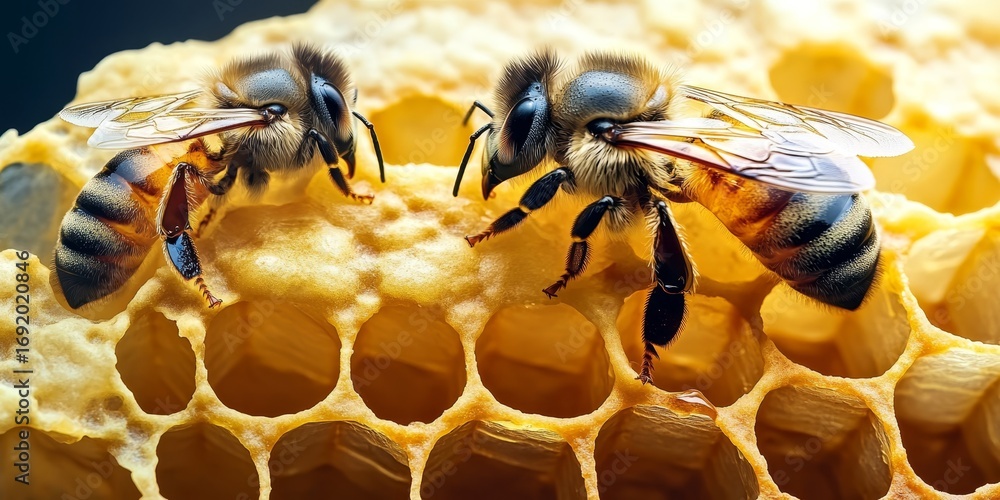 Poster two worker bees inspecting hexagonal honeycomb cells while collecting nectar and pollen outdoors