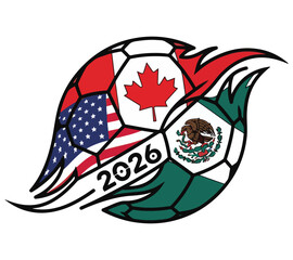 Vibrant football design uniting North American flags for a 2026 international competition.