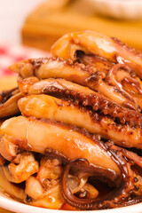 Spicy Cooked Calamari Tentacles Ready to Eat - Delicious Seafood Appetizer