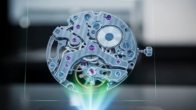 Futuristic Hologram Displaying Intricate Mechanical Watch Movement Gearing.