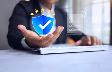 Hand holding shield to approved compliance certification with check mark on the document means that...