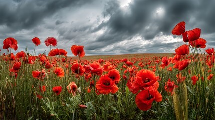 Obraz premium Vibrant red poppies bloom in a vast field under a dramatic and stormy cloudy sky
