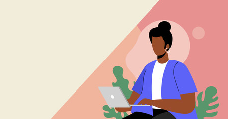 Illustration of a woman with dark skin working on a laptop in a stylized, modern setting with colorful shapes and plant elements. Ideal for remote work, business, technology, or creative concepts.