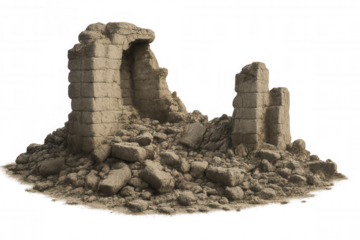 Crumbling walls and scattered debris stand as remnants of a lost civilization, isolated on a transparent background