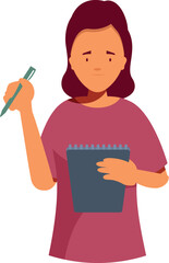 Thoughtful young woman holding pen and notebook taking notes, isolated on white background