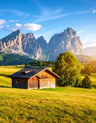 Fototapeta premium Alpine chalet at sunset