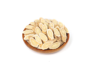 Dried Astragalus Root Slices in Wooden Bowl on White Background - Traditional Chinese Herbal Medicine