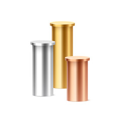 Metallic cylinder podium columns in silver, gold, and bronze colors. 3D cylindrical pedestal pillars for ranking, product display, award ceremony. Realistic vector illustration.