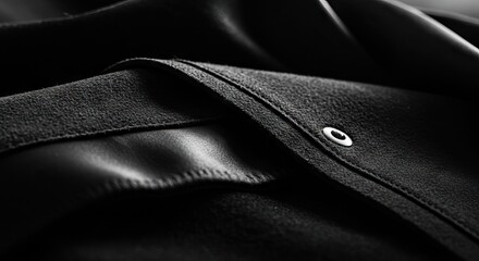 A black fabric is folded a silver grommet is visible creating a stark contrast The texture is tactile and luxurious