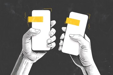 Censored Mobile Communication Illustration – Sketch Hands Holding Smartphones with Yellow Bars and Abstract Background