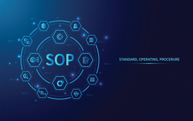 SOP web banner on blue technology background. Vector illustration business concept for the standard, operating, procedure with icons of instruction to assist employee in complex routine operations.