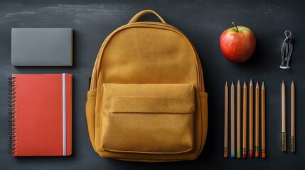 Back to school essentials arranged artfully backpack notebooks pencils and an apple on a dark surface